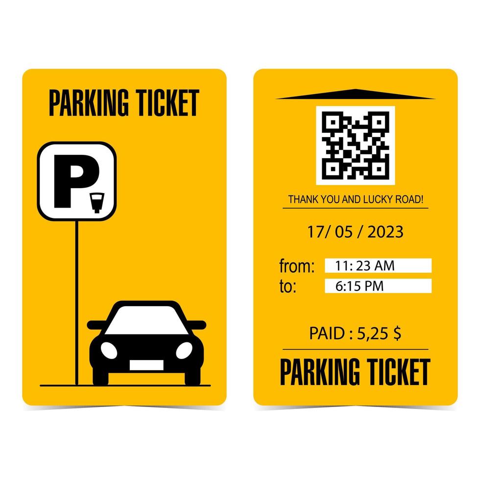 betaald parkeerkaartje ontwerpsjabloon in zwarte en oranje kleuren. parkeerzone in- en uitrijbewijs of ontvangstbewijs met parkeerbord, auto, qr-code, datum, tijd en prijs. platte vectorillustratie. vector