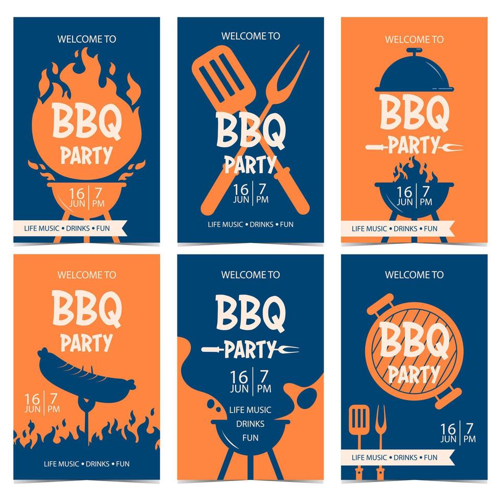 BBQ-partij spandoek of poster ontwerpsjabloon voor buiten koken vakantie of picknick. uitnodiging voor barbecuefeest of flyer in blauwe en oranje kleuren met grill, vlam, houtskoolrook, worst op een vork. vector