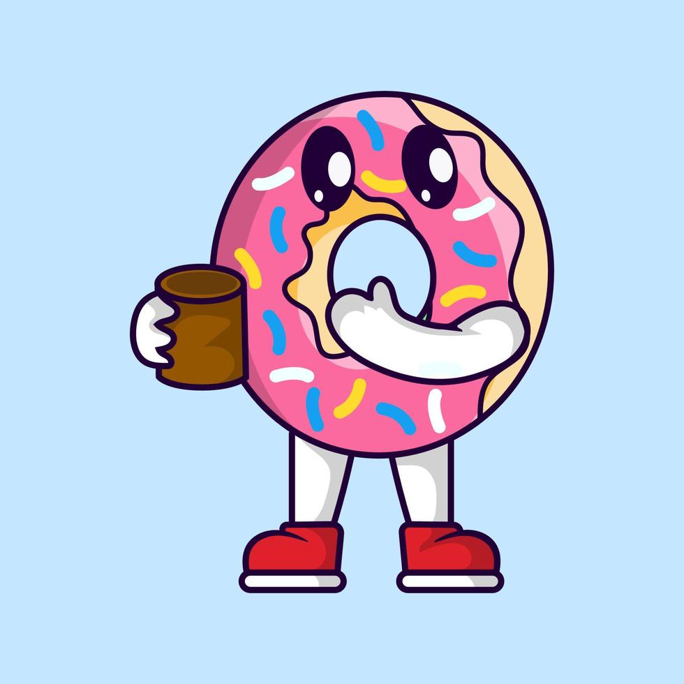 schattige donutmascotte die een kopje thee vasthoudt vector