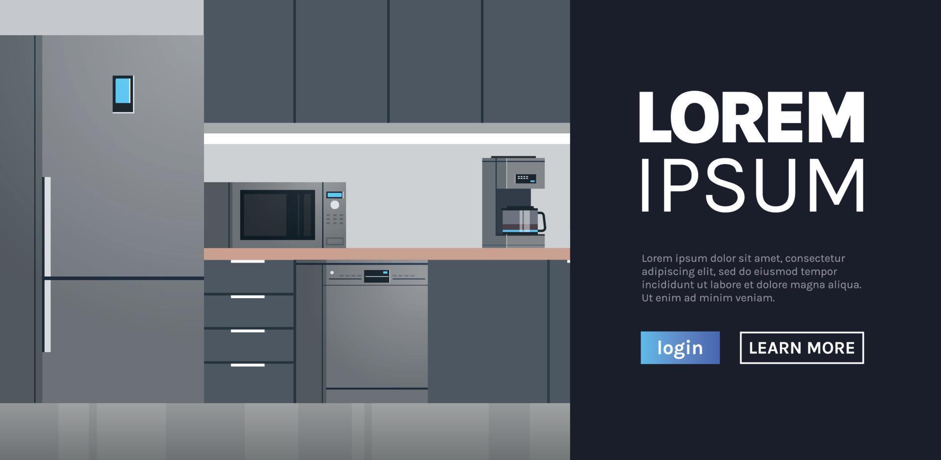 moderne keuken interieur geen mensen en huishoudelijke apparaten web homepage platte ontwerp illustratie. vector