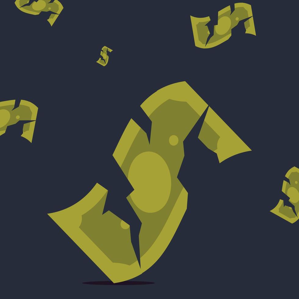 dollar geld gebroken en neerwaartse valuta geld crisis platte vectorillustratie. vector