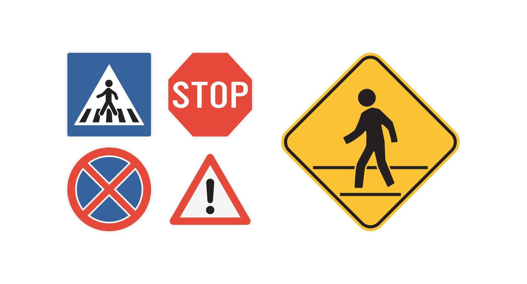 staatswet stop voor voetgangers in zebrapad teken en verkeersborden met stadsweg platte vectorillustratie. vector