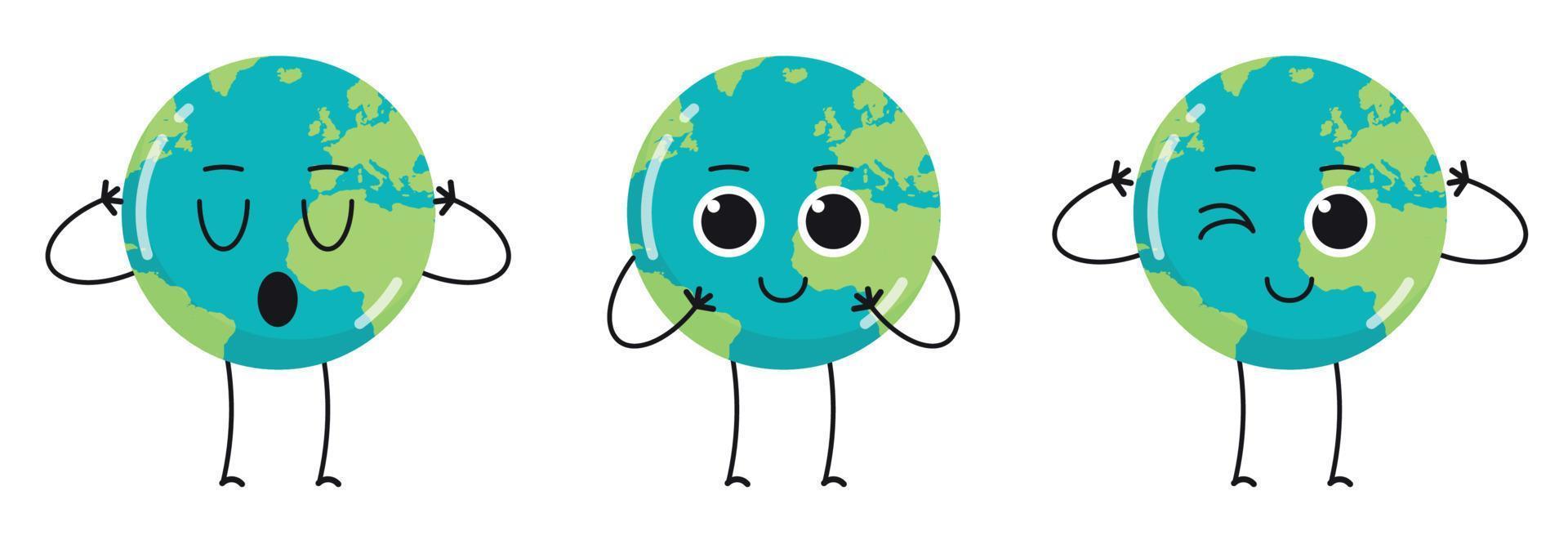 schattige aarde tekens verschillende emoties en cartoon mascotte globe collectie set platte vectorillustratie. vector