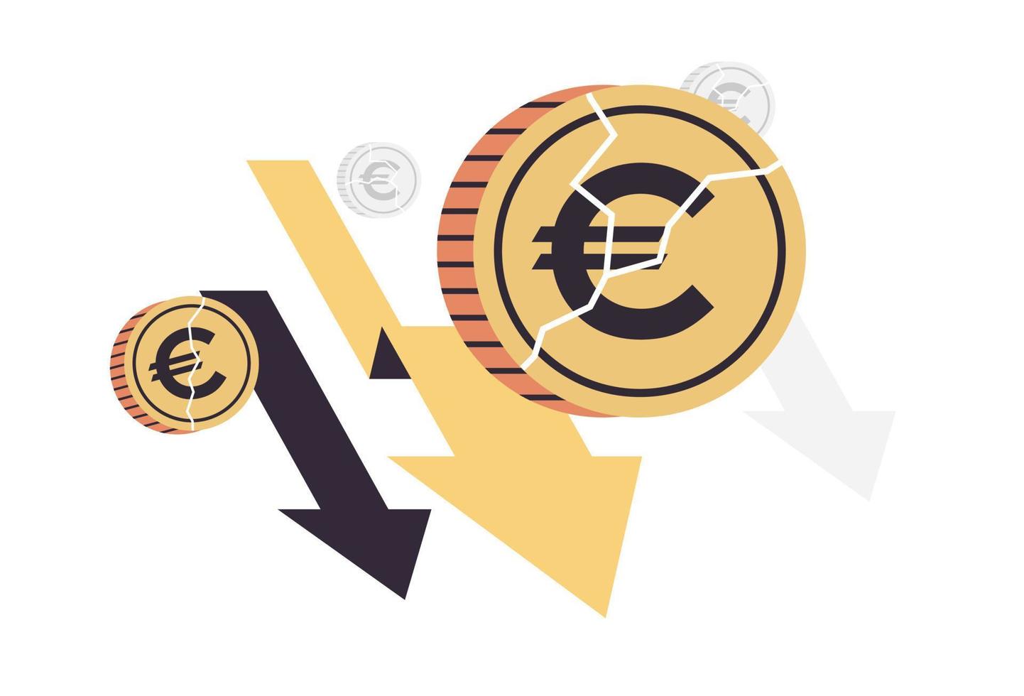 euroteken vallen en financiële crisis faillissement horizontale volledige lengte platte vectorillustratie. vector