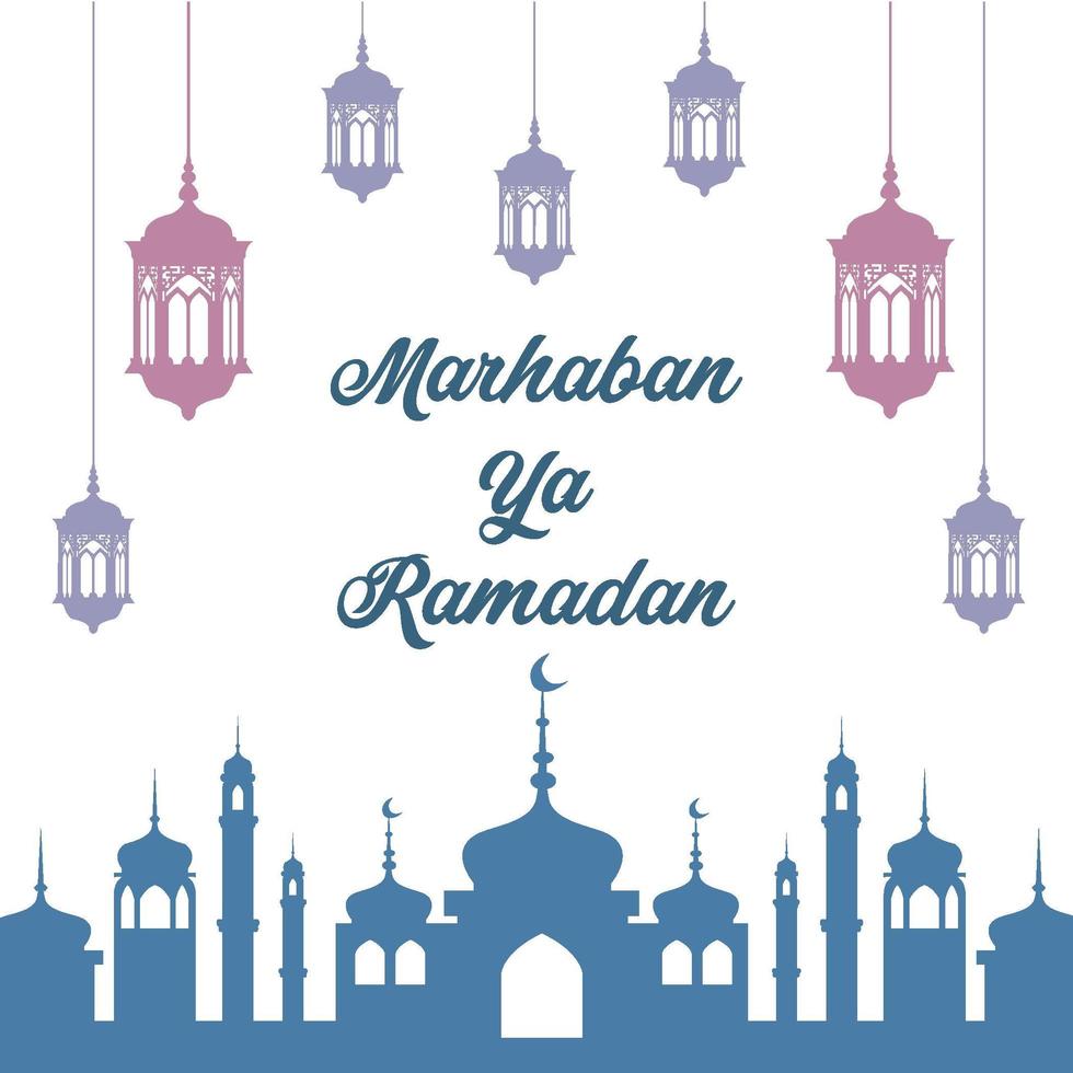 ramadan poster met kleurrijke lantaarn en moskee silhouet vector