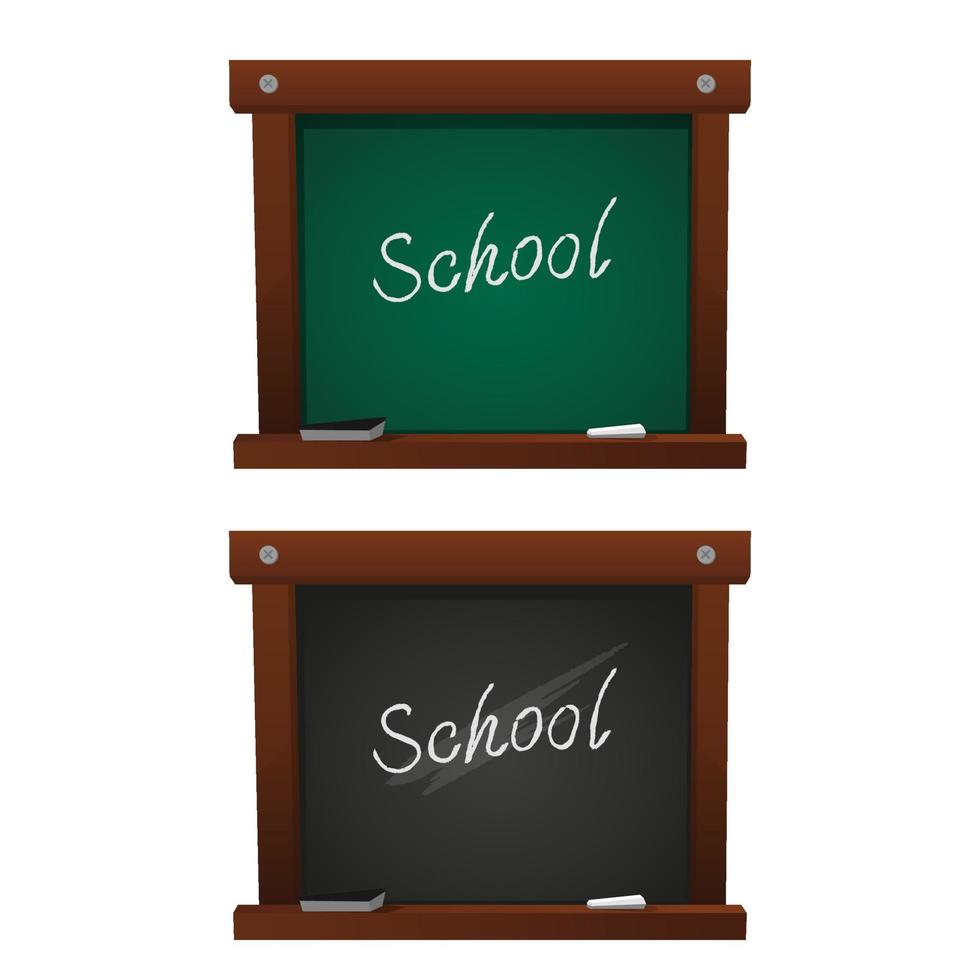 realistische set van groen en zwart bord met houten frame. terug naar school tekst. leeg schoolbord voor klas- of restaurantmenu. schoolbord vector sjabloon voor ontwerp