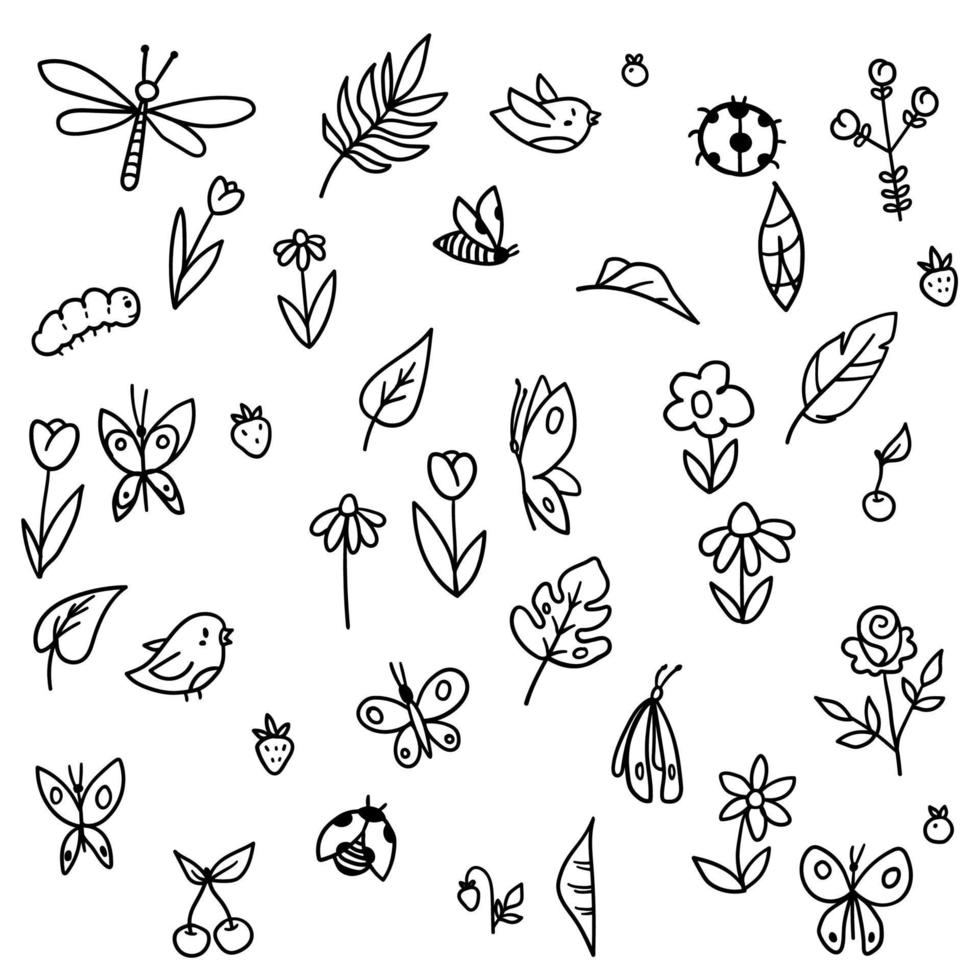 vector lente hand getekende set met bloeiende planten, blad en vliegende insecten rond bloemen en vlinder, bug, bij, lieveheersbeestje bloemen schets doodle illustratie