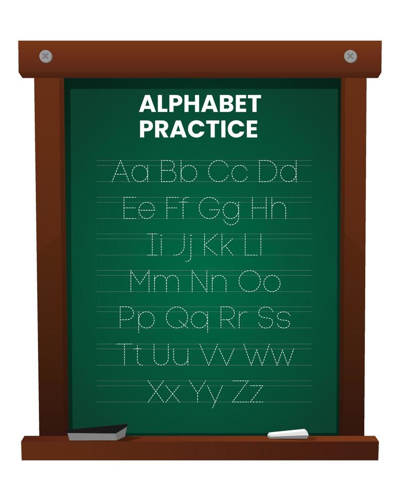 alfabet letters overtrekblad met alle letters van het alfabet. op het schoolbord kinderen werkblad met Alfabetletters. basis schrijfoefening voor kleuters vector illustratie leren