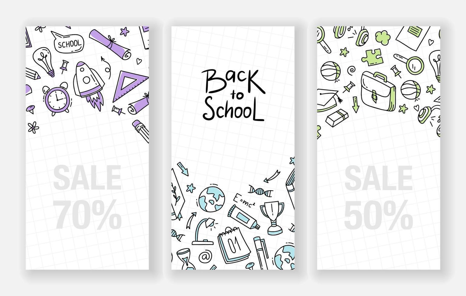 terug naar school set banner doodle elementen. posters voor verkoop en promoties. vectorillustratie in lijnstijl. vector