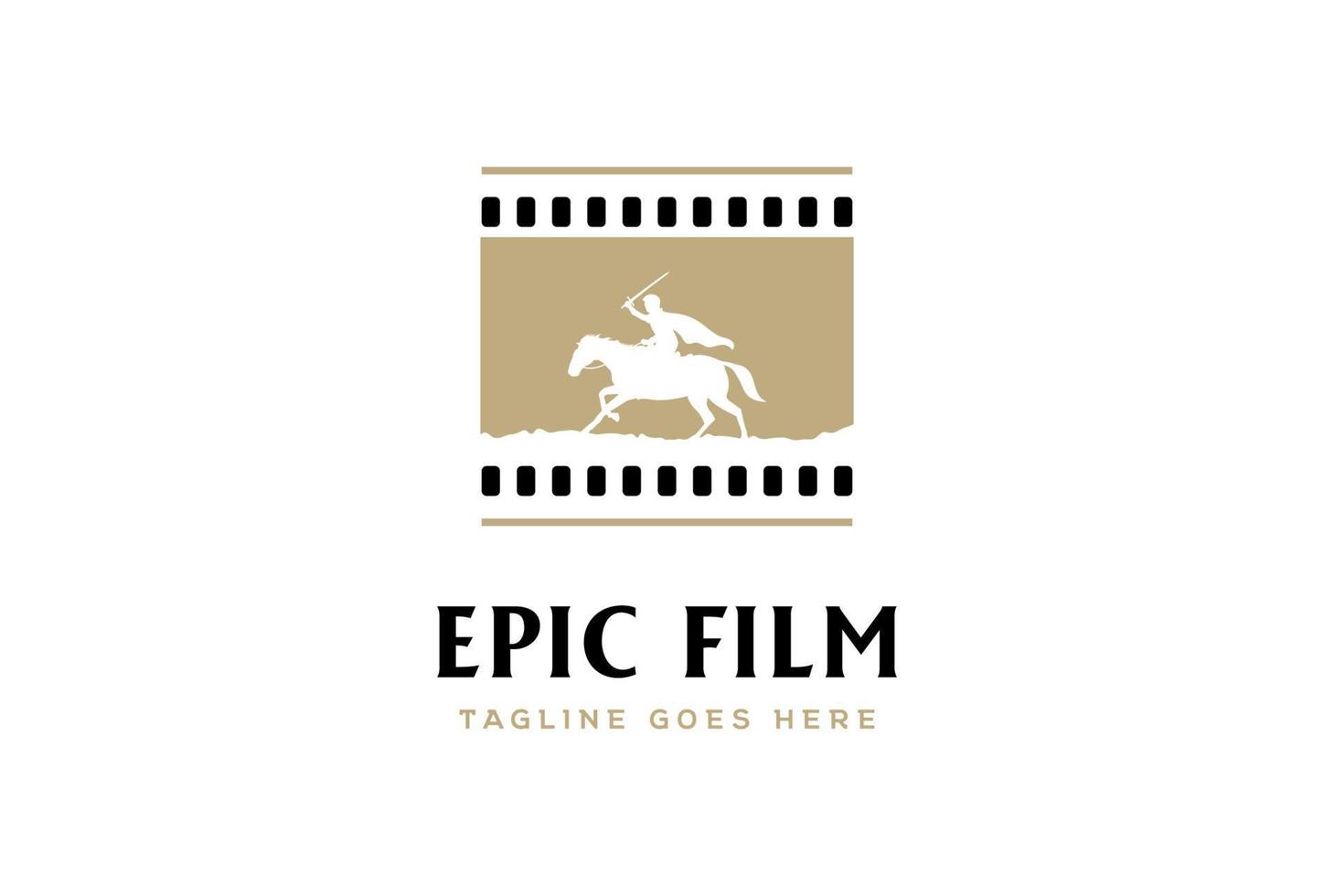 film strip haspel paard ridder silhouet middeleeuwse krijger paard breng oorlog zwaard voor epische kolossale film bioscoop productie logo ontwerp vector