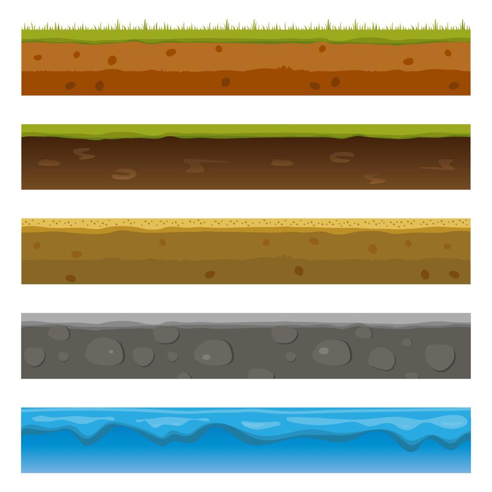 bodem-, grond- en ondergrondse lagen, cartoon naadloze spelniveaus. vector dwarsdoorsnede weergave van natuurlijke aarde textuur met modder, kiezels, groen gras en water.