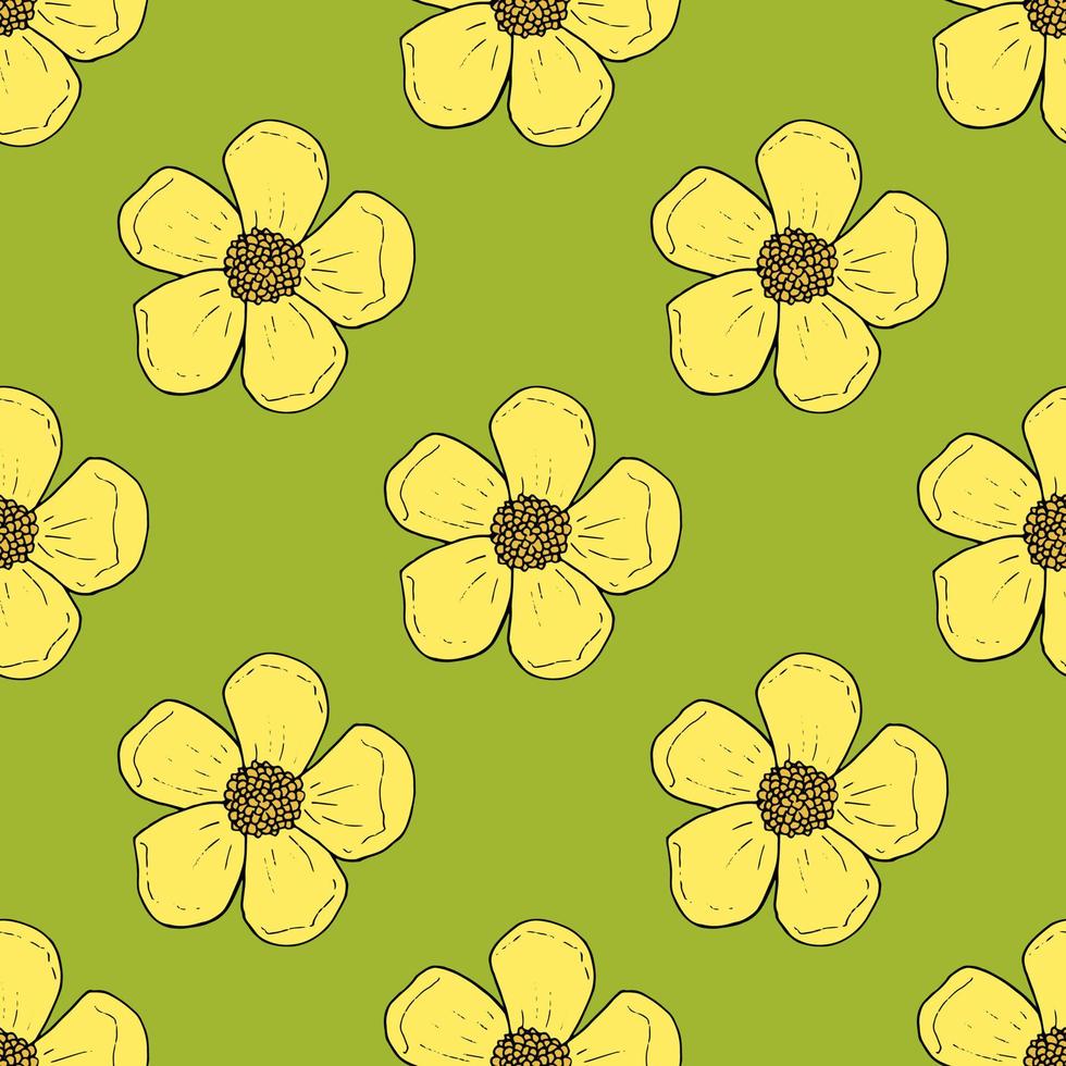 naadloos patroon met gele boterbloemen op heldergroene achtergrond voor stof, textiel, kleding, tafelkleed en andere dingen. vector afbeelding.