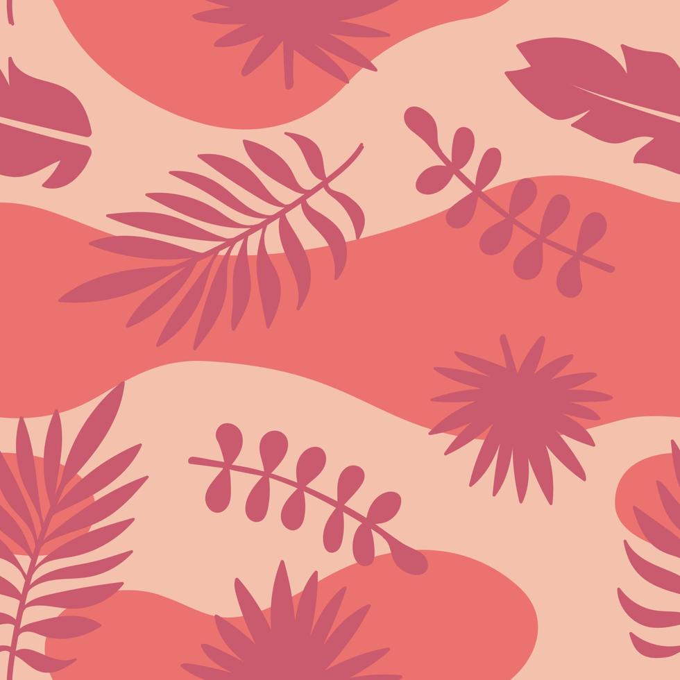 abstracte perzik magenta zomer naadloze patroon met kopie ruimte voor tekst. heldere tropische bladeren en planten in eenvoudige minimalistische stijl. vector