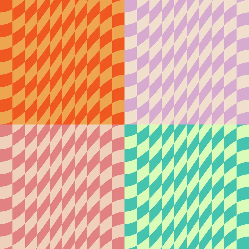 set van multi kleur kromgetrokken checkers achtergrondontwerpen. vier vierkante geruite naadloze patronen van heldere en pastelkleuren. moderne dynamische texturen voor digitaal, print en webdesign. vector