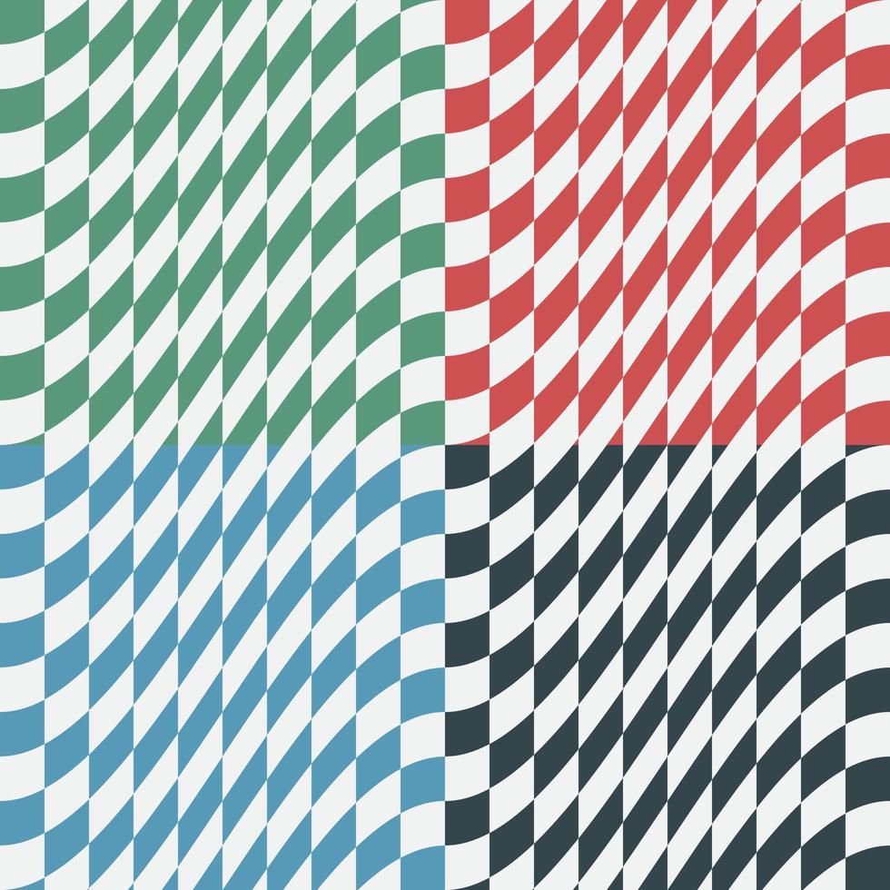 set van multi kleur kromgetrokken checkers achtergrondontwerpen. vier vierkante geruite naadloze patronen van rode, groene, blauwe en zwarte kleur. moderne dynamische texturen voor digitaal, print en webdesign. vector