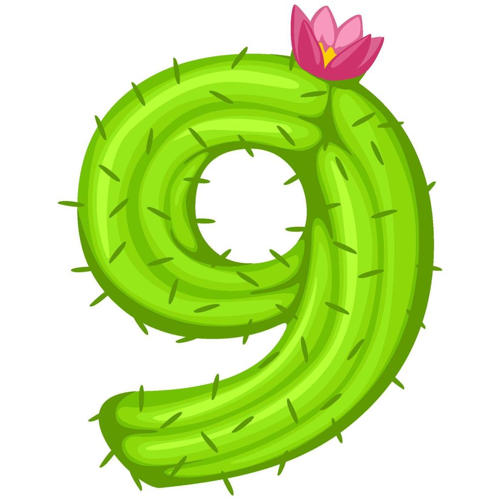 cartoon cactus nummer negen met bloem lettertype kindernummers. groen cijfer 9 vector