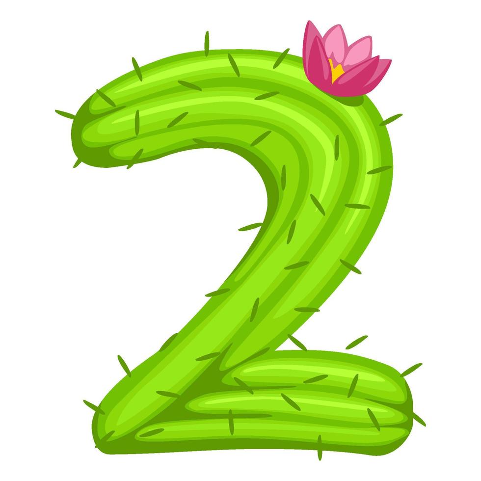 cartoon cactus nummer 2 met bloem lettertype kindernummers. groen cijfer twee vector