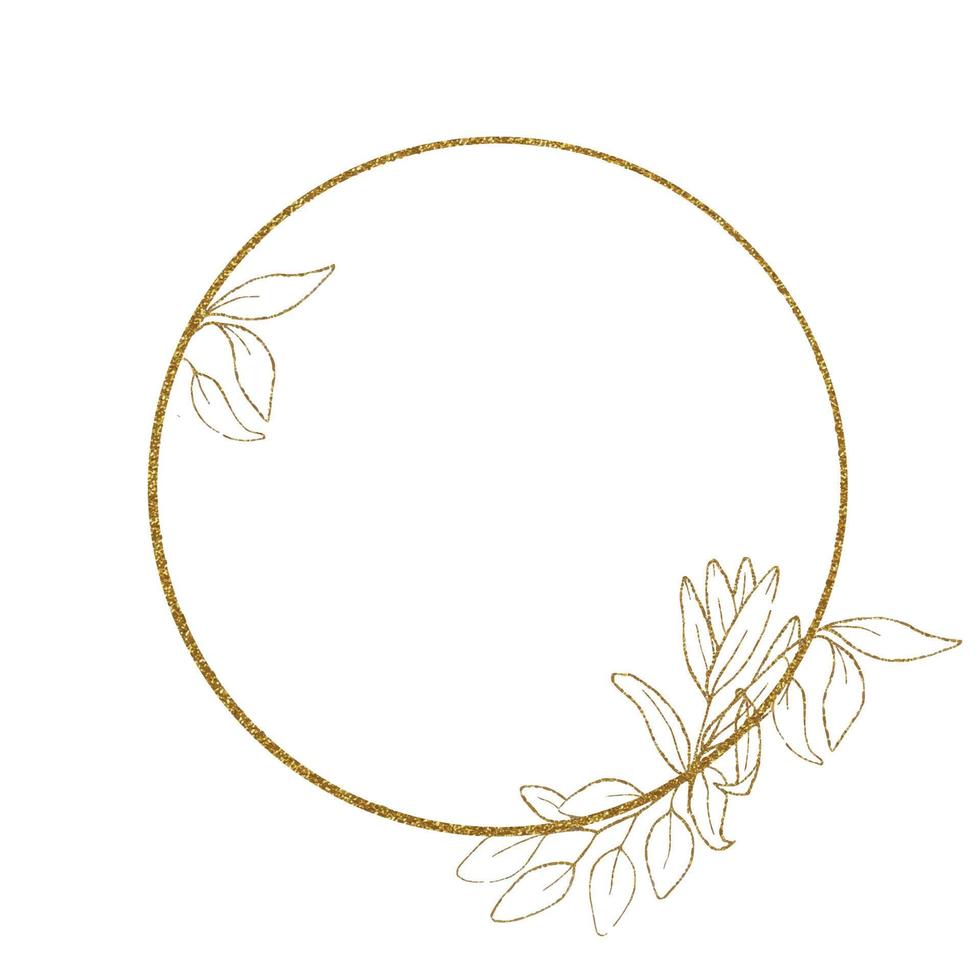 glanzende gouden ronde frame voor tekst, monogram. met gouden elementen, eucalyptusbladeren. minimalistisch, luxueus ontwerp voor bruiloften, kaarten, uitnodigingen. luxe diensten, parfums, cosmetica. vintage vector