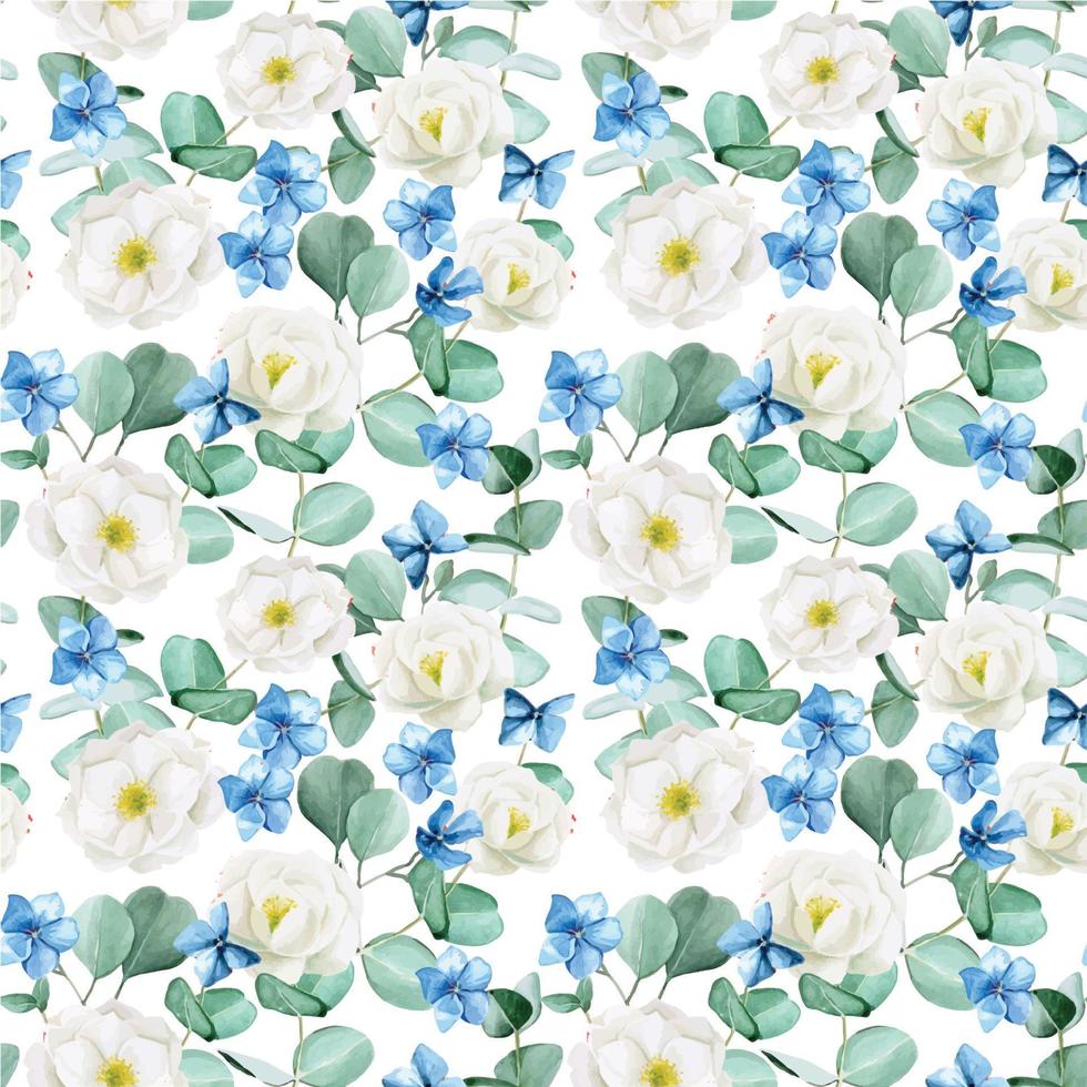 naadloze aquarel patroon. witte bloemen van wilde roos, pioenroos met blauwe hortensia bloemen en eucalyptus bladeren op een witte achtergrond. delicaat, vintage patroon met bloemen en eucalyptusbladeren vector