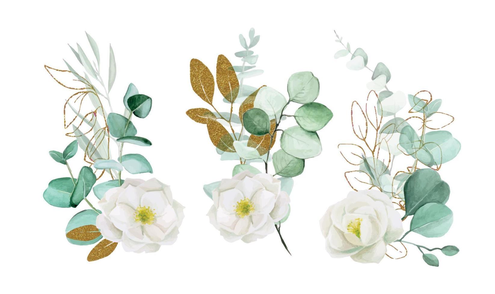 aquarel tekening. een set boeketten van witte bloemen en eucalyptusbladeren met glitter gouden glanzende elementen. clipart decoraties voor bruiloften, kaarten, uitnodigingen. rozenbottels en eucalyptusbladeren vector