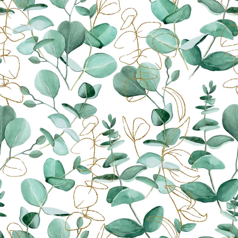 naadloos patroon. aquarel tekening eucalyptus bladeren op een witte achtergrond. gouden glanzende bladeren. glitter achtergrond voor behang, stof, inpakpapier. bohemien ontwerp. vintage, boho vector