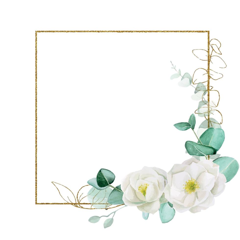 vintage gouden vierkante frame met aquarel bloemen en eucalyptus bladeren. plaats voor tekst, vignet voor bruiloften, kaarten, uitnodigingen. gouden elementen en witte bloemen van wilde roos, pioenroos op geïsoleerde vector