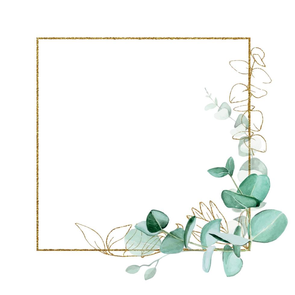 vintage gouden vierkante frame met eucalyptusbladeren. rechthoekig glanzend frame met aquarel eucalyptus bladeren geïsoleerd op een witte achtergrond. ontwerp voor bruiloft, uitnodiging, ansichtkaart, parfum, cosmetica vector