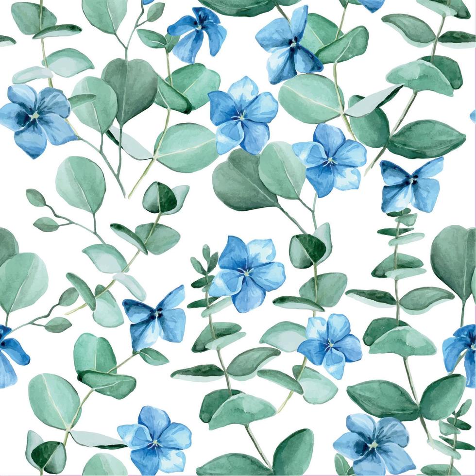 naadloze aquarel patroon van blauwe hortensia bloemen en eucalyptus bladeren op een witte achtergrond. vintage achtergrond voor behang, stof, textiel. vector