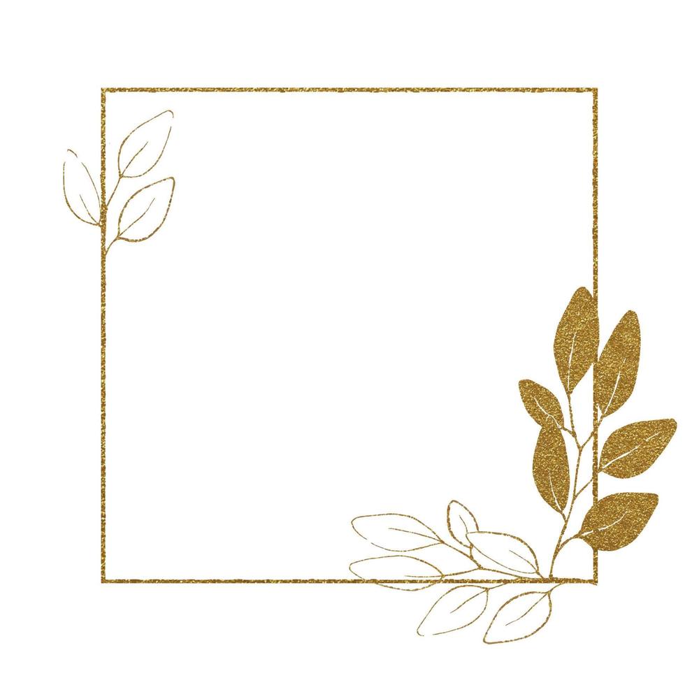 glanzend gouden frame. vierkant frame met gouden eucalyptusbladeren. minimalistisch vintage design voor bruiloft, uitnodigingen, kaarten. cosmetica, parfumerie, schoonheidssalon. glitter illustraties vector