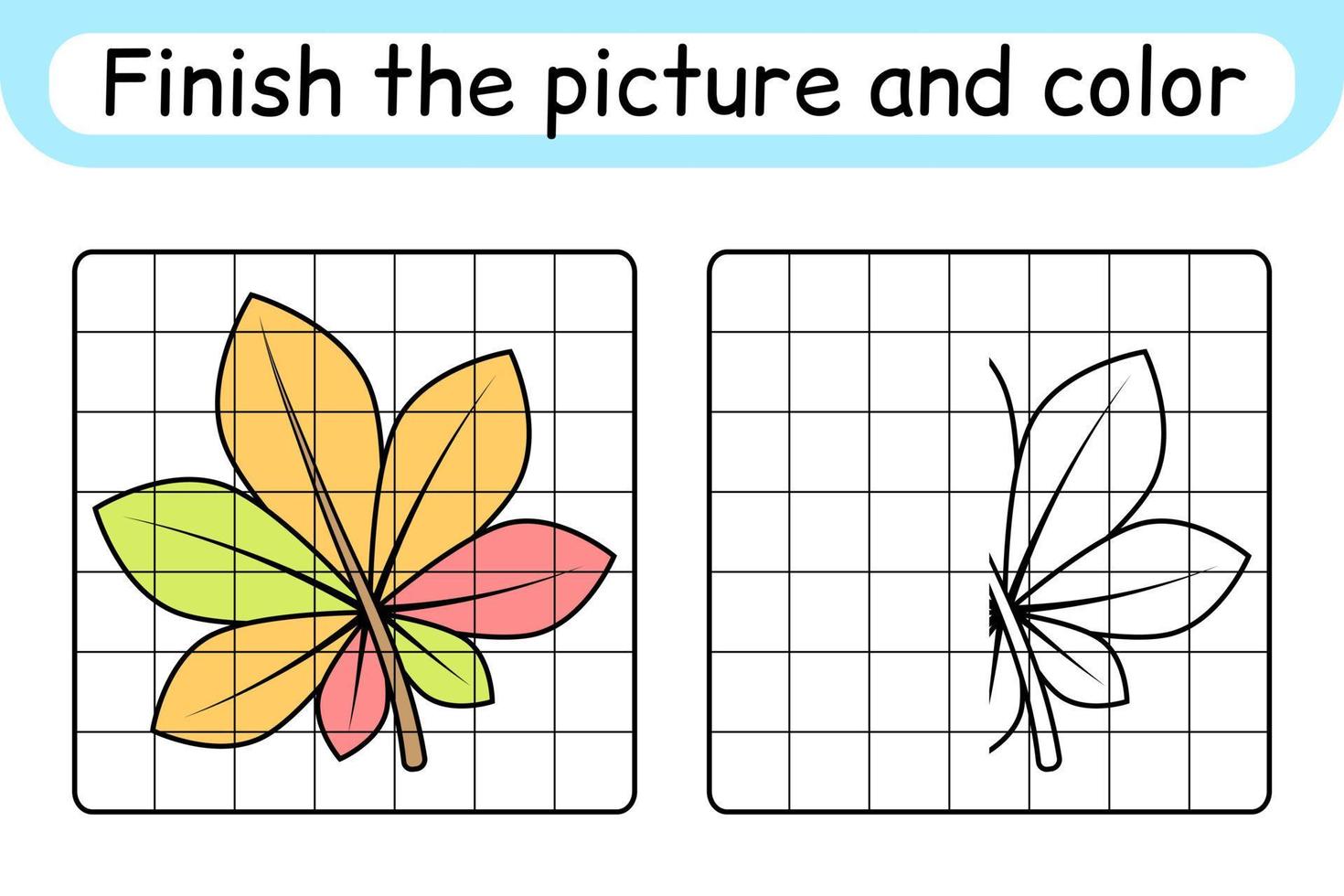 maak het plaatje compleet met bladkastanje. kopieer de afbeelding en kleur. maak het beeld af. kleurboek. educatief tekenoefenspel voor kinderen vector