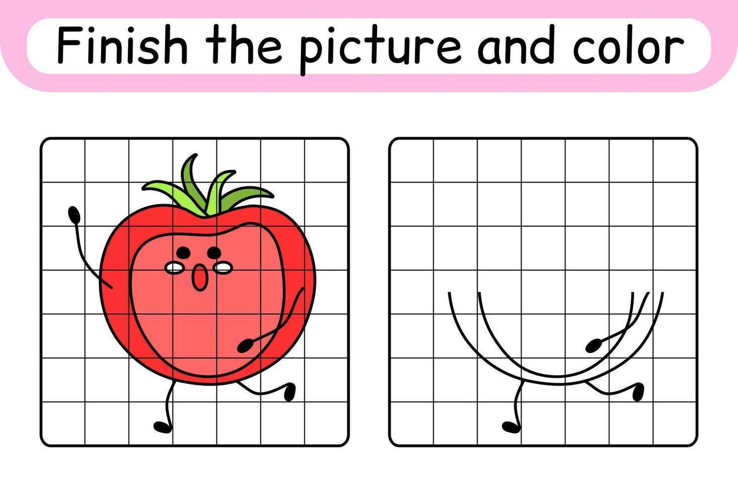 maak het plaatje tomaat compleet. kopieer de afbeelding en kleur. maak het beeld af. kleurboek. educatief tekenoefenspel voor kinderen vector