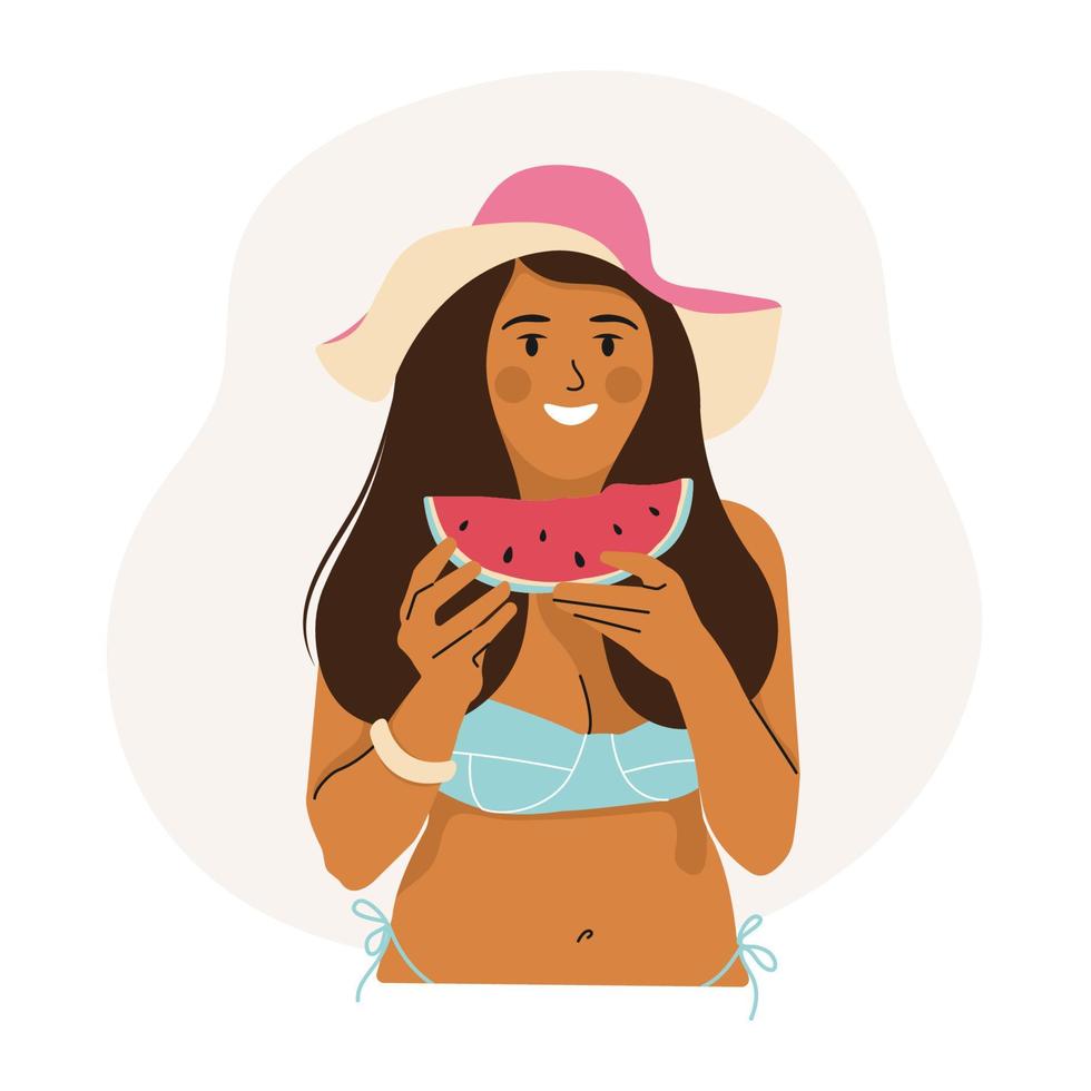 gelukkig meisje rust op het strand. zomer geluk en gezond eten concept. geïsoleerd karakter van een vrouw in een zwembroek op een witte achtergrond. leuk vrouwenkarakter die rijpe watermeloen eten. vector