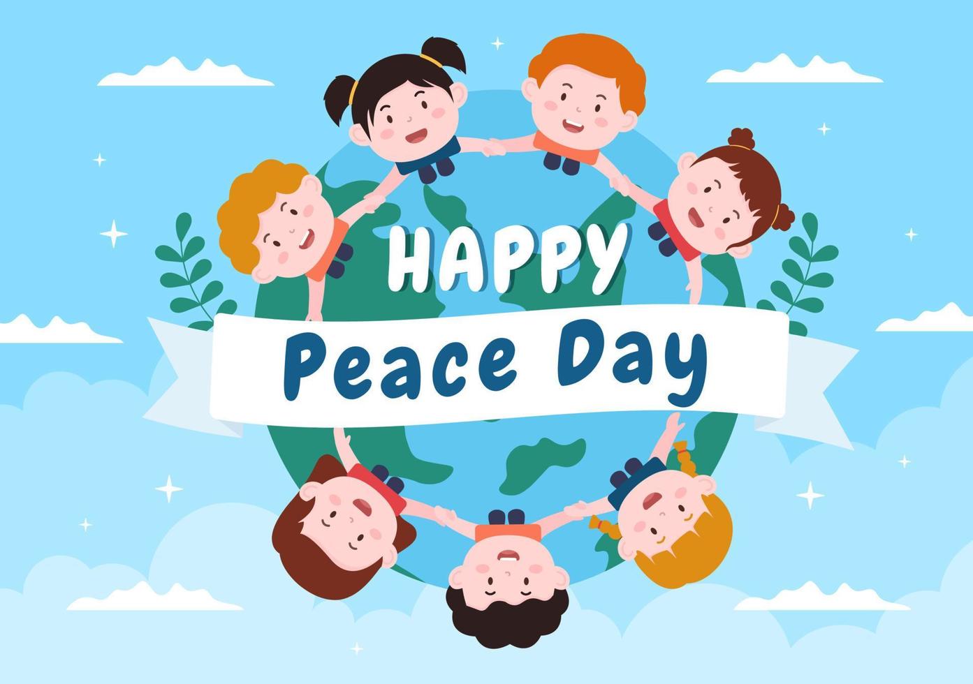 internationale vredesdag cartoon afbeelding met handen, schattige kinderen, globe en blauwe lucht om welvarend te creëren in de wereld in vlakke stijl vector