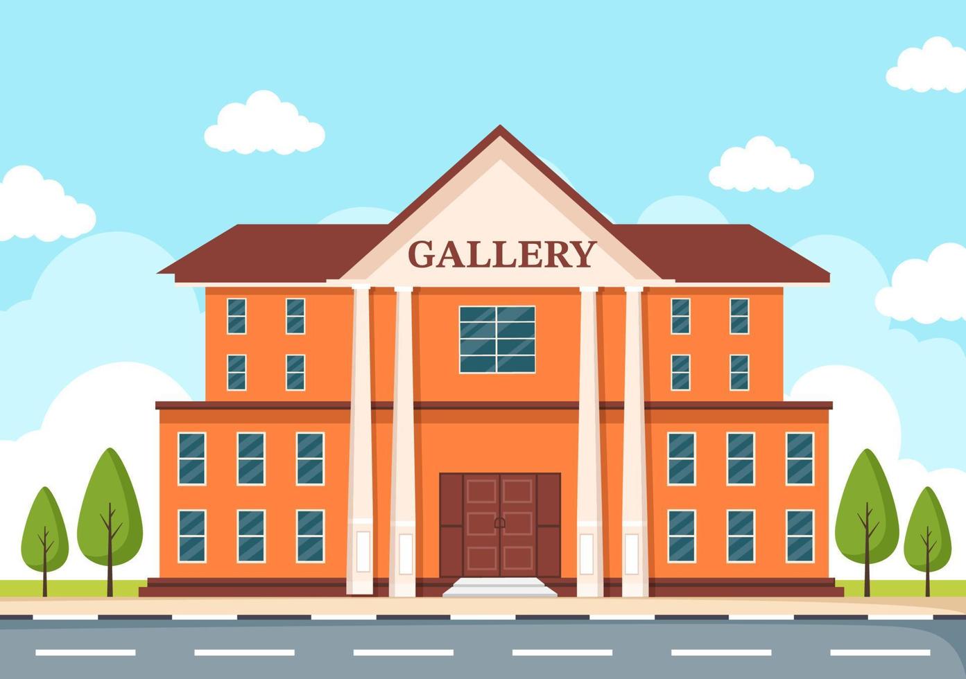 kunstgalerie museumgebouw cartoon afbeelding met tentoonstelling, cultuur, beeldhouwkunst en schilderkunst voor sommige mensen om het in een vlakke stijl te zien vector