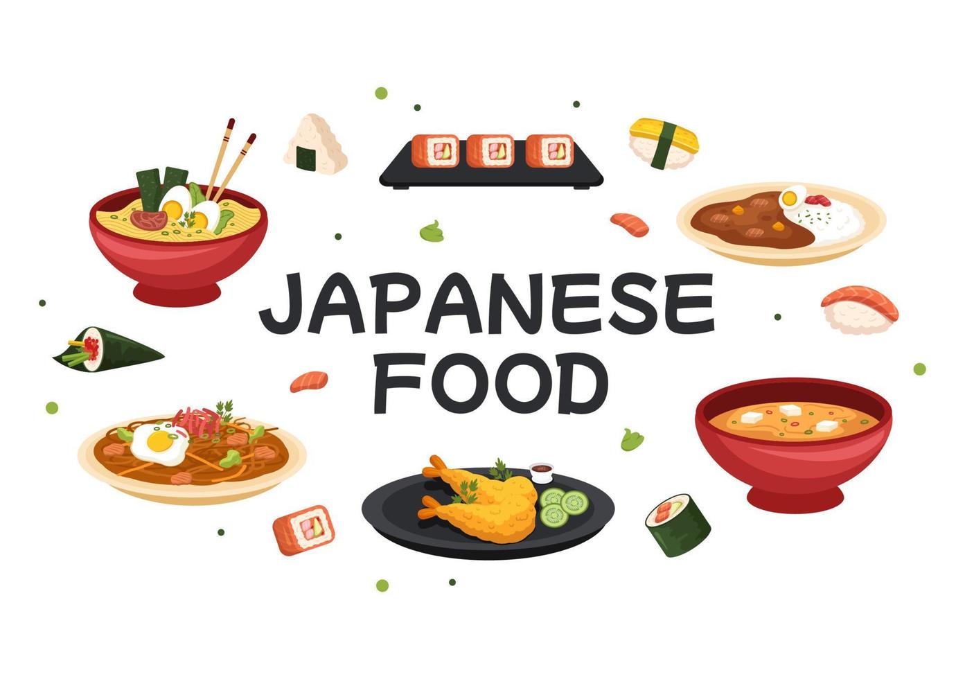 Japans eten cartoon afbeelding met verschillende heerlijke gerechten in het restaurant zoals sushi op een bord, sashimi roll en andere in vlakke stijl vector