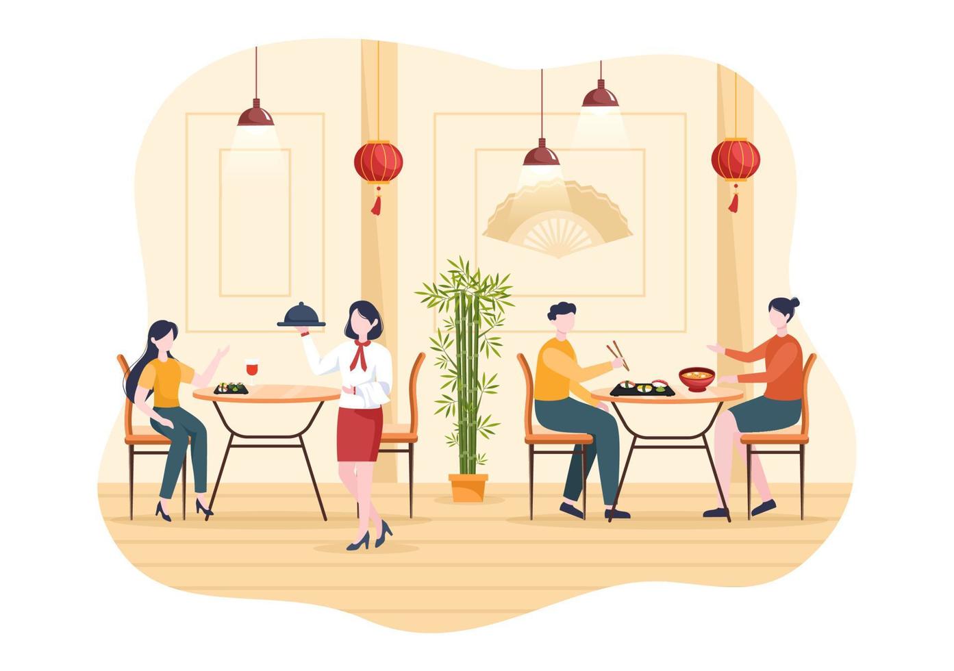 mensen die Japans eten in het restaurant met verschillende heerlijke gerechten zoals sushi op een bord, sashimi roll en andere in vlakke stijl cartoon afbeelding vector