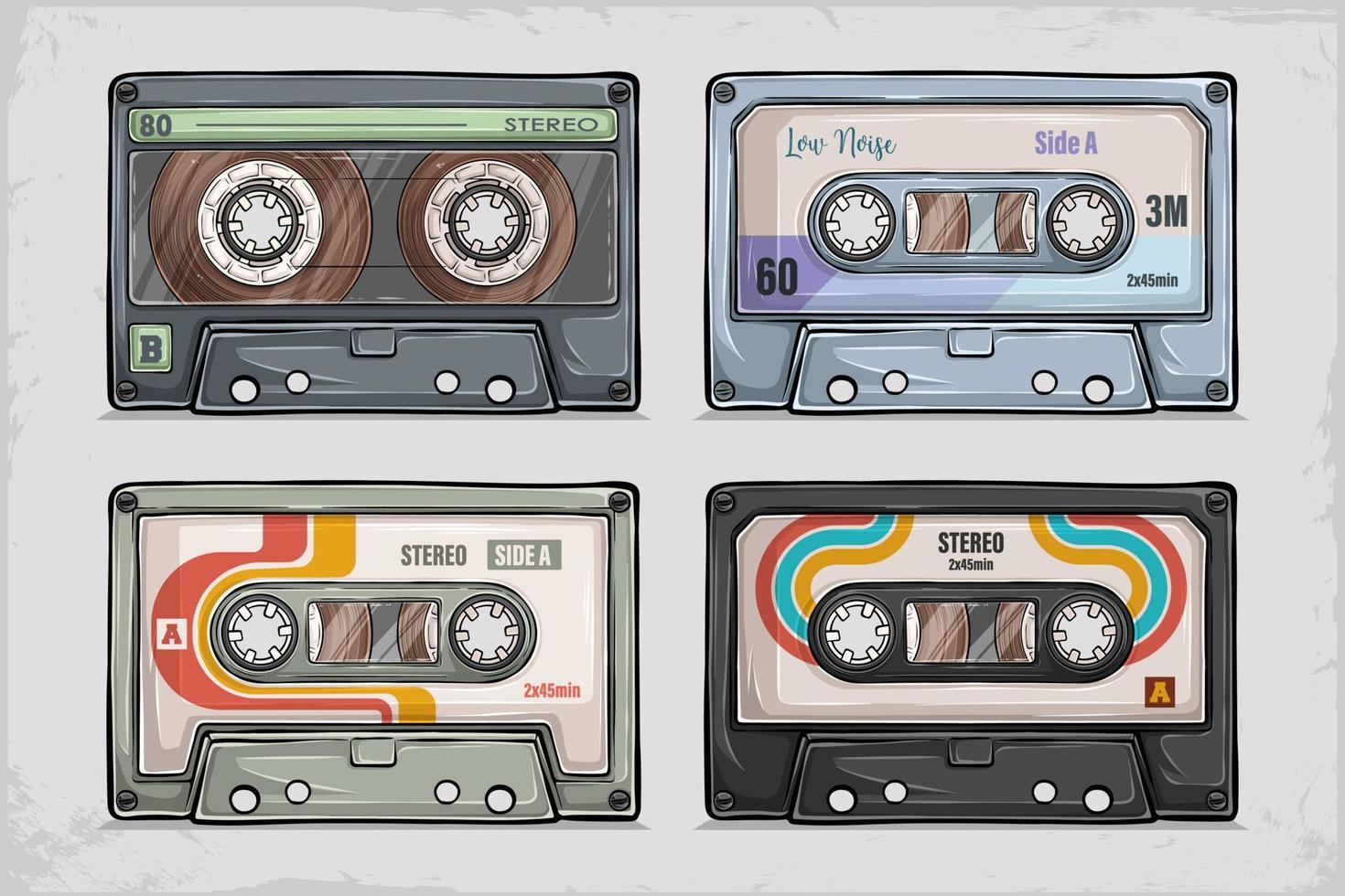 handgetekende retro vintage muziekcassette set geïsoleerd, audiotapes, audio, muziek, media en record vector