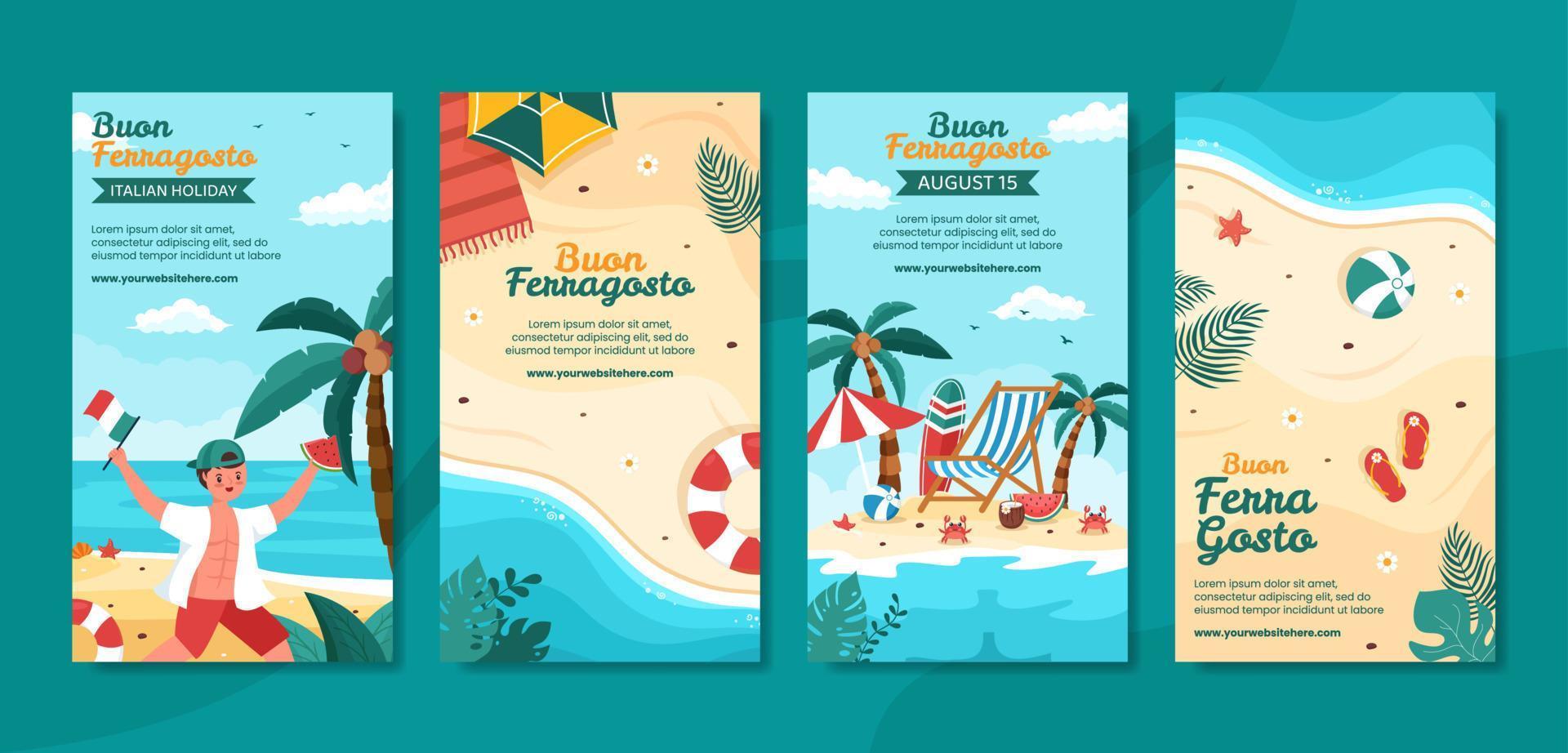 buon ferragosto sociale media verhalen sjabloon platte cartoon achtergrond vectorillustratie vector