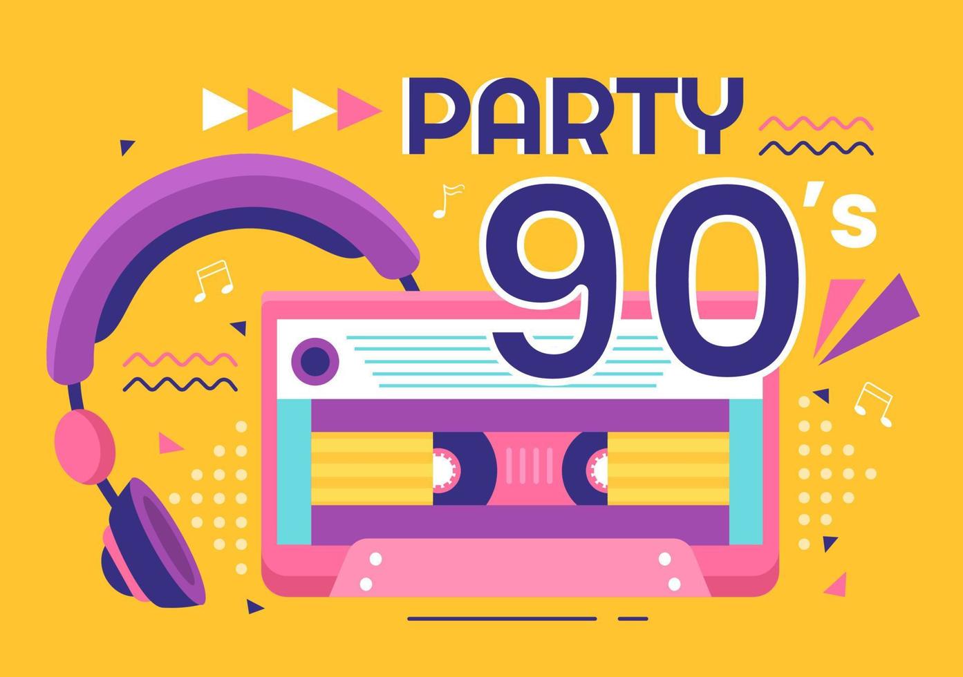 Jaren 90 retro party cartoon achtergrond afbeelding met jaren negentig muziek, sneakers, radio, dans tijd en tape cassette in trendy vlakke stijl ontwerp vector