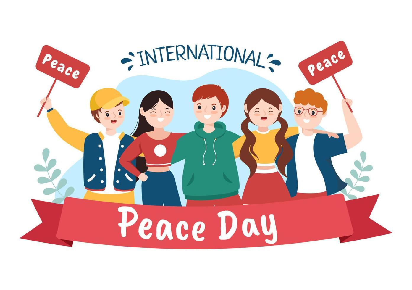 internationale vredesdag cartoon afbeelding met handen, jongeren, globe en blauwe lucht om welvarend te creëren in de wereld in vlakke stijl vector