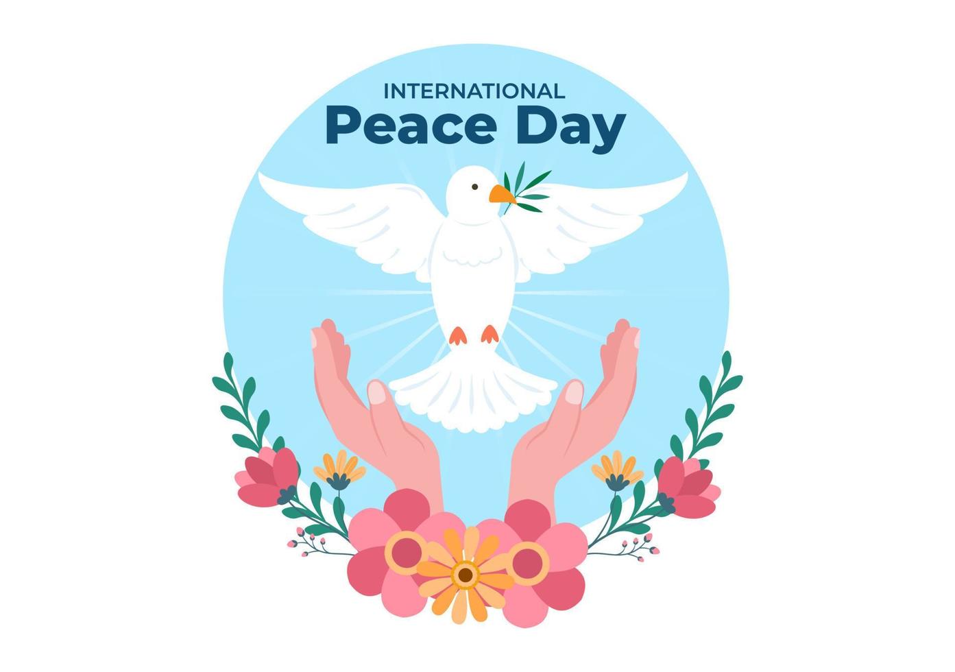 internationale vredesdag cartoon afbeelding met handen, duif, globe en blauwe lucht om welvarend te creëren in de wereld in vlakke stijl vector