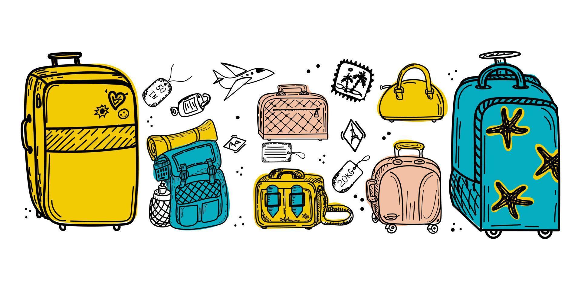 set van verschillende soorten bagage, handgetekende doodle in schetsstijl. vectorillustratie. grote en kleine koffer, kleine tas, handbagage, koffer, labels. accessoires. vliegtuig. schetsen vector