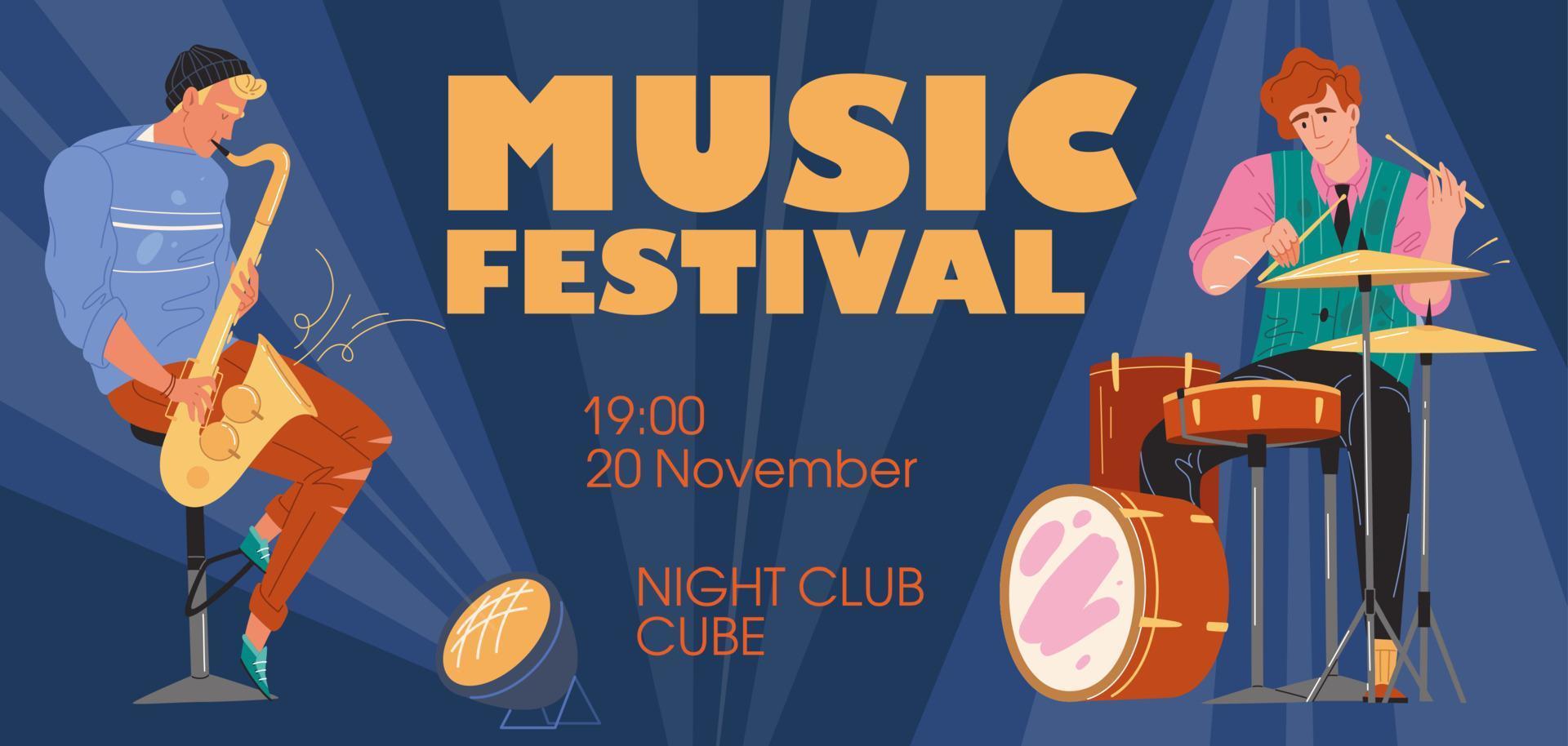 vector cartoon platte tekens muziekband, jazz, rock, blues stijlvolle banner poster web online concept.musicians speelt sax, drums instrument op abstracte achtergrond-festival, concert, nachtclub flyer