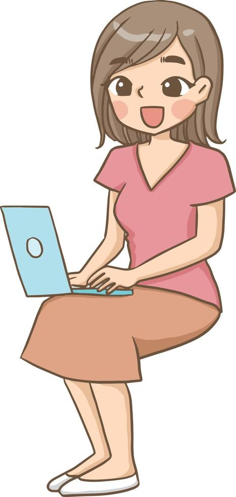 vrouw werk computer schattig kawaii cartoon karakter illustratie clipart gratis download vector