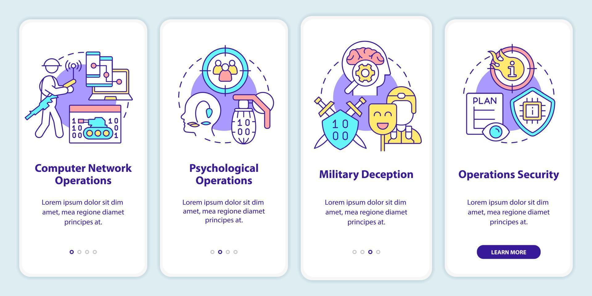 informatie bewerkingen onboarding mobiele app scherm. misleid tegenstanders doorloop 4 stappen grafische instructiepagina's met lineaire concepten. ui, ux, gui-sjabloon. vector