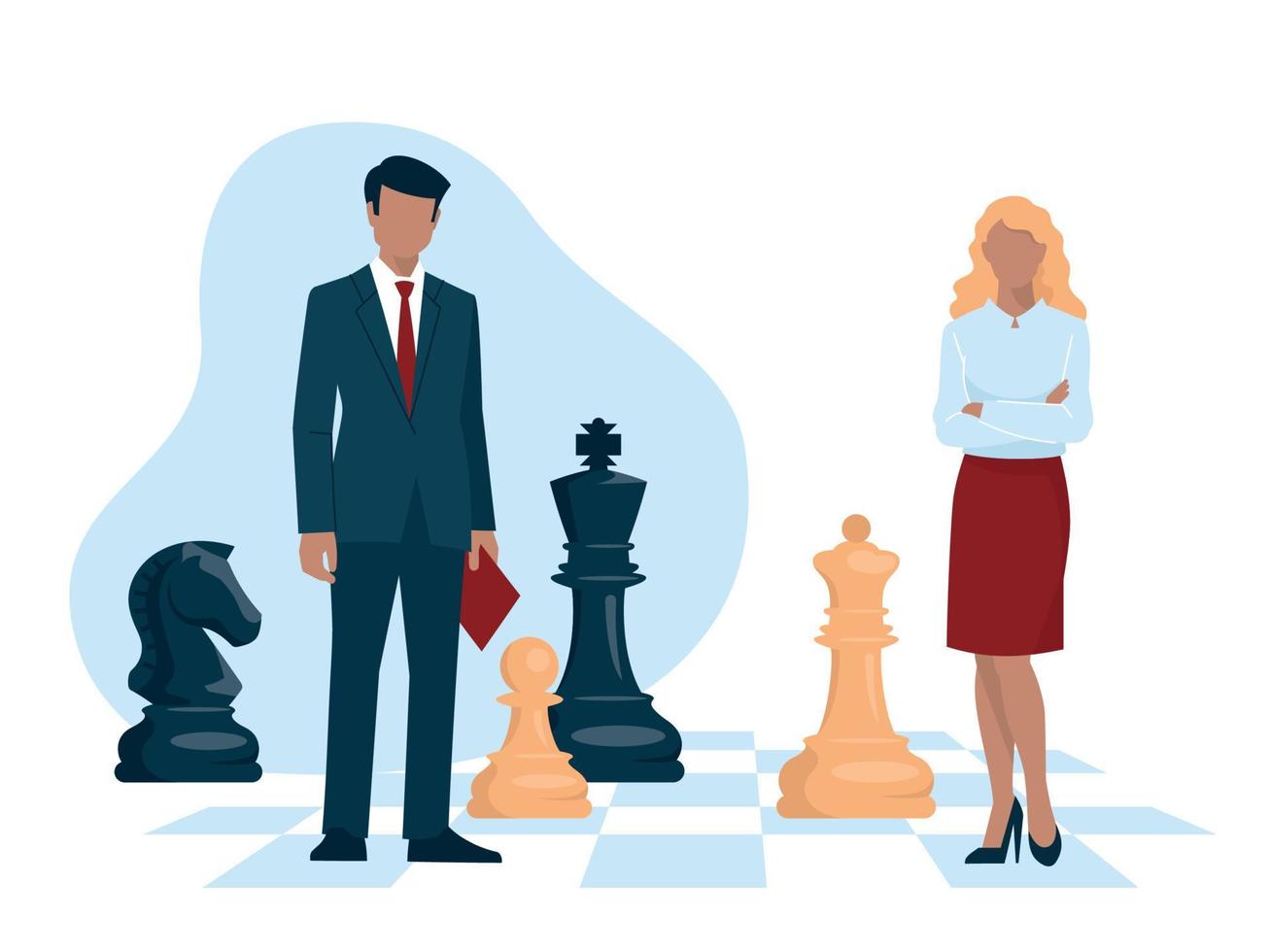 strategie. zakenmensen en schaken staan op een schaakbord. man en vrouw in pakken. kantoorpersoneel, werknemer, student, leraar. vector afbeelding.