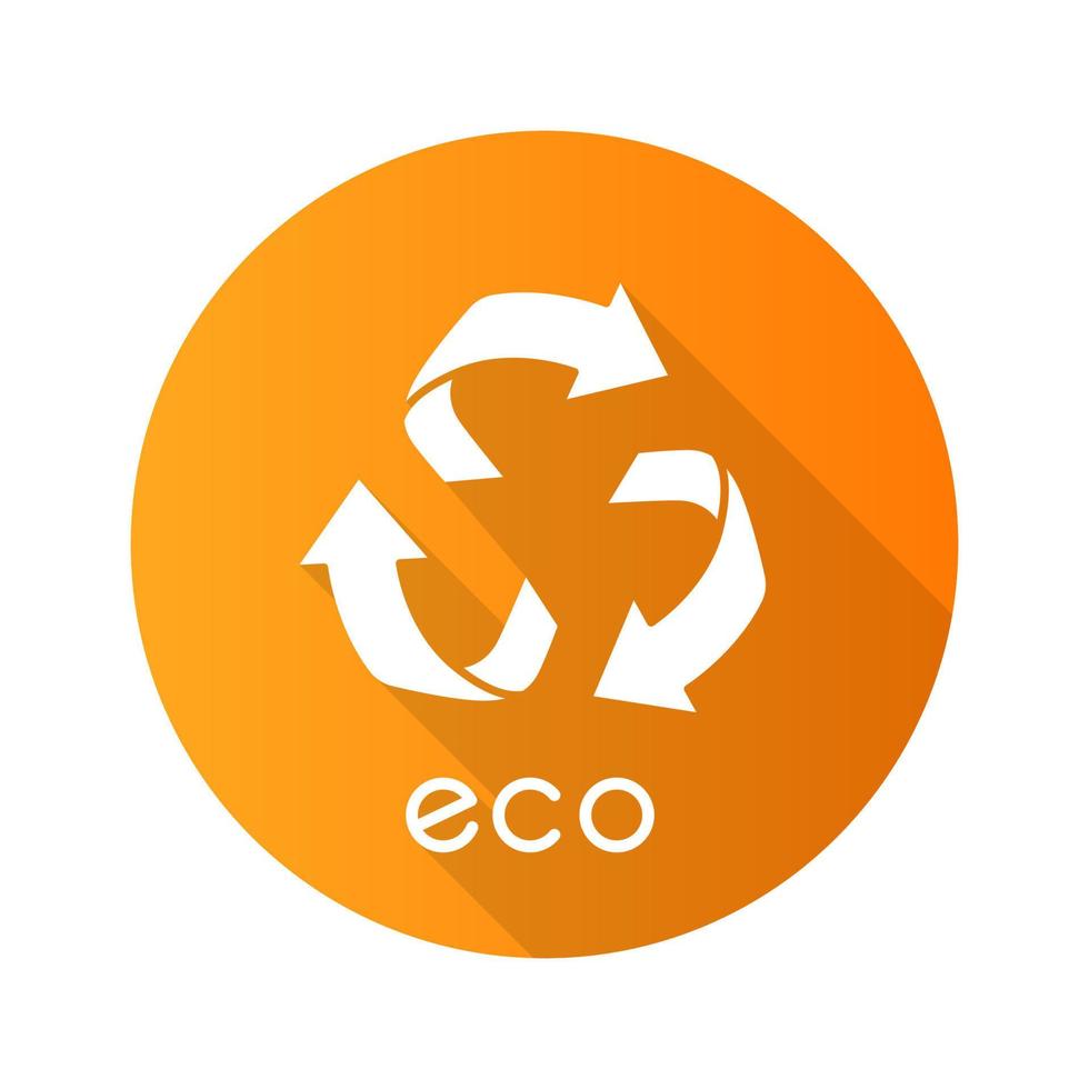 eco label gele platte ontwerp lange schaduw glyph pictogram. drie afgeronde pijltekens. recycle symbool. alternatieve energie. milieubeschermingssticker. biologische cosmetica. vector silhouet illustratie