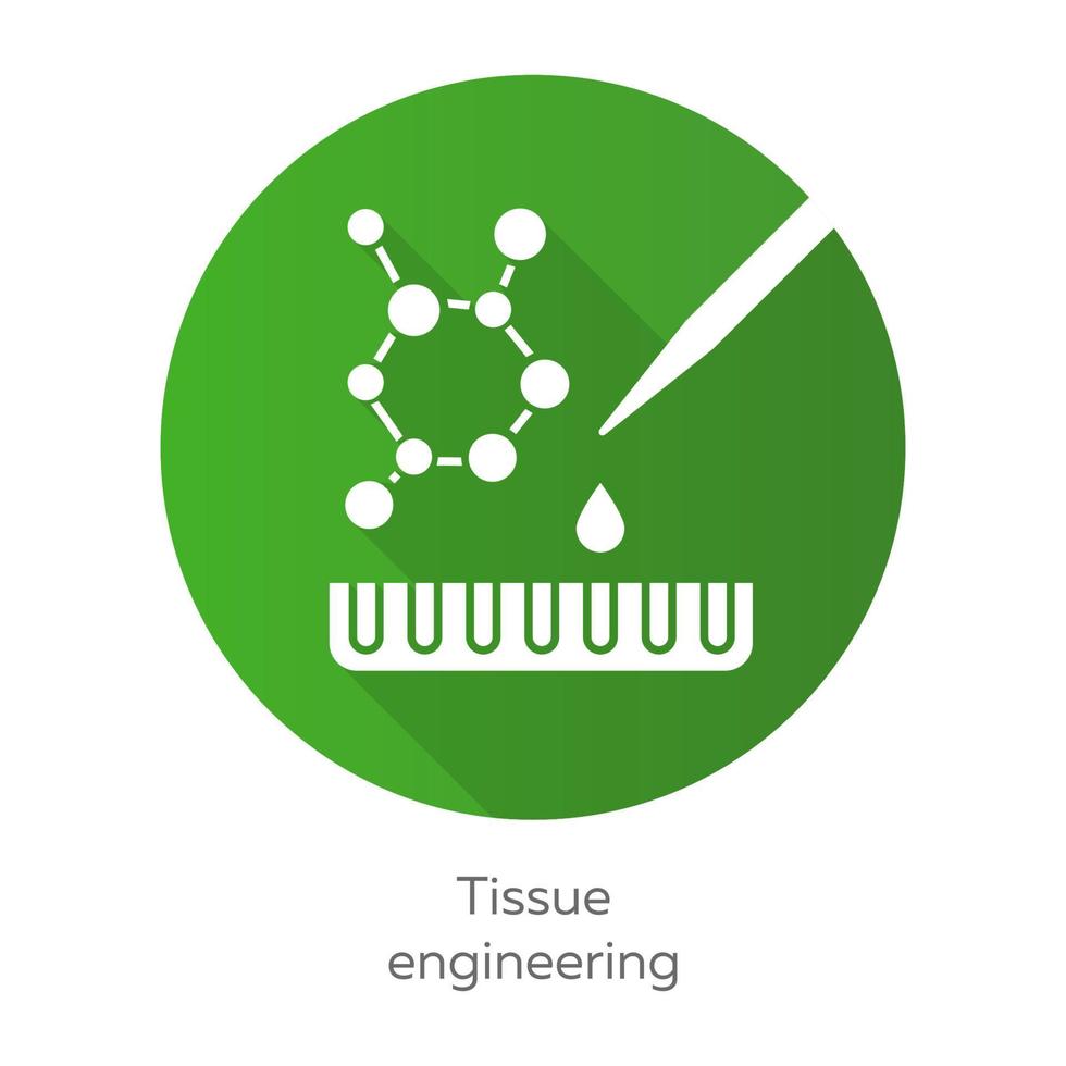 tissue engineering groen plat ontwerp lange schaduw glyph pictogram. het combineren van cellen en moleculen tot functionele weefsels. beschadigde menselijke organen herstellen. bio-engineering. vector silhouet illustratie