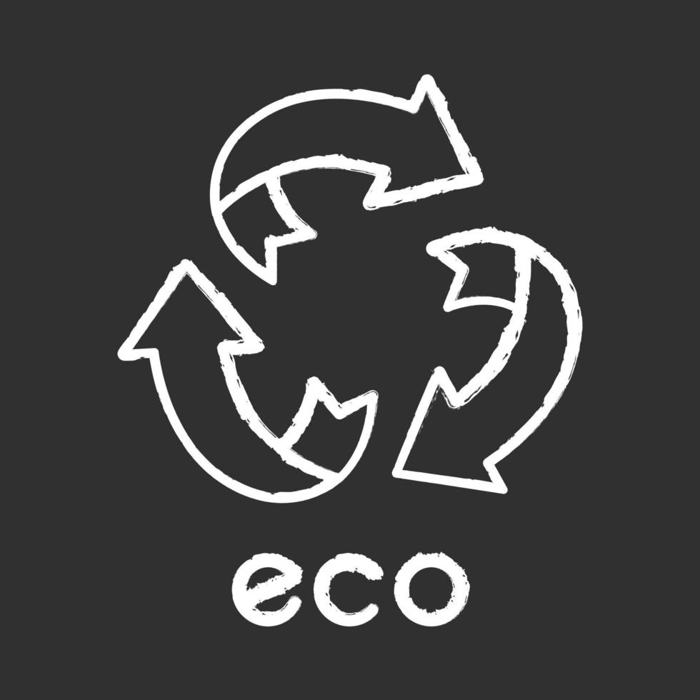 eco label krijt pictogram. drie afgeronde pijltekens. recycle symbool. alternatieve energie. milieubeschermingssticker. milieuvriendelijke chemische stof. biologische cosmetica. geïsoleerde vector schoolbordillustratie