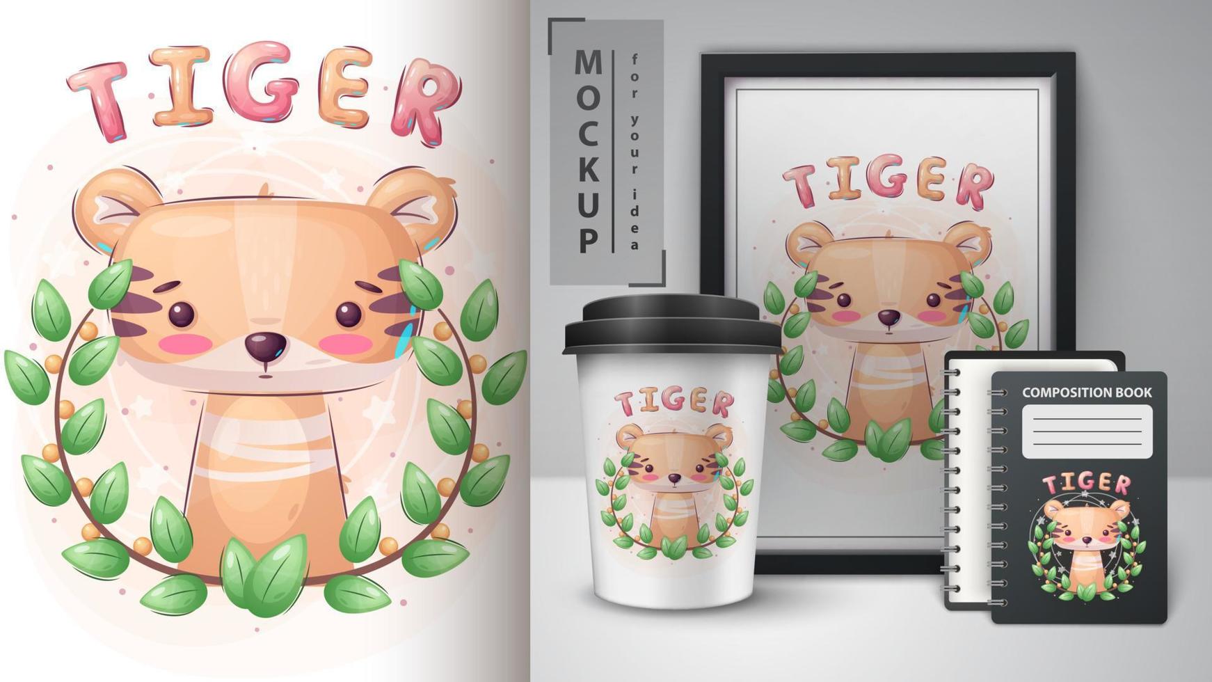 stripfiguur schattige tijger mooi dier idee voor print t-shirt, poster en kinderenvelop, ansichtkaart. leuke tekenfilms in handgetekende stijl vector